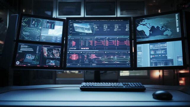 Futuristic control room managing complex data systems and observing worldwide network activities, displaying charts, graphs, and a global map for advanced security analysis