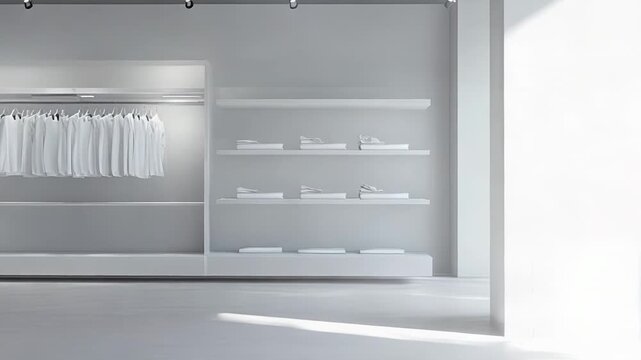 Minimalist fashion boutique interior with white apparel neatly arranged on racks and shelves, abundant natural light casting bright patterns across clean, contemporary floors