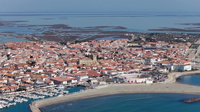 Aerial view of Les Saintes-Maries-de-la-Mer in the Bouches-du-Rh&ocirc;ne department, Provence, France