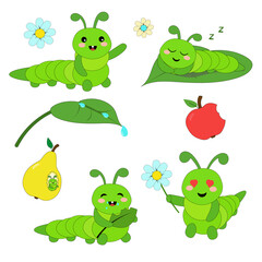 Obraz premium Cute cartoon caterpillar set with different emotions, flowers, fruits and leaves. Kawaii style vector illustration for kids design, nursery, stickers, patterns and greeting cards.