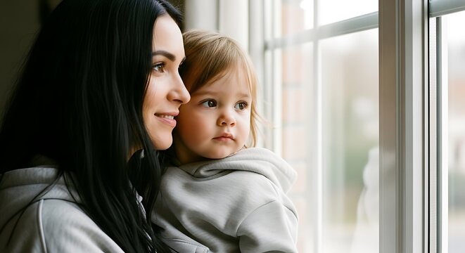 Mother and child looking out the window together