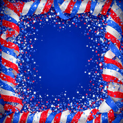 Obraz premium Festive patriotic wreath with colorful stars, ribbons, and confetti framing blank greeting space