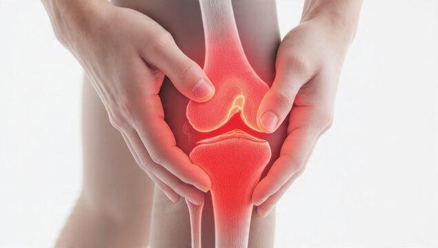 Hands gripping painful knee joint with red highlights, symbolizing arthritis or injury. Concept of joint pain, inflammation, healthcare, orthopedic issues.