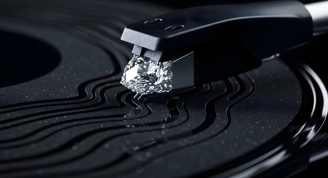 A precious diamond needle glides across wavy obsidian grooves, a visual metaphor for the crystalline clarity of sound and the timeless value of recorded musical artistry