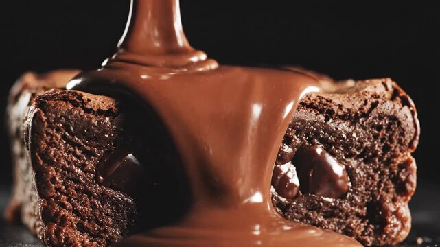Melted chocolate pouring over a rich brownie with chocolate chips