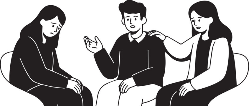 A supportive therapy session where a counselor and a friend offer emotional comfort to a sad woman sitting on a couch together isolated on transparent background