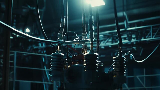 Electrical substation equipment processing and distributing high voltage power through dark cables and transformers, highlighting industrial infrastructure, grid technology, and energy flow