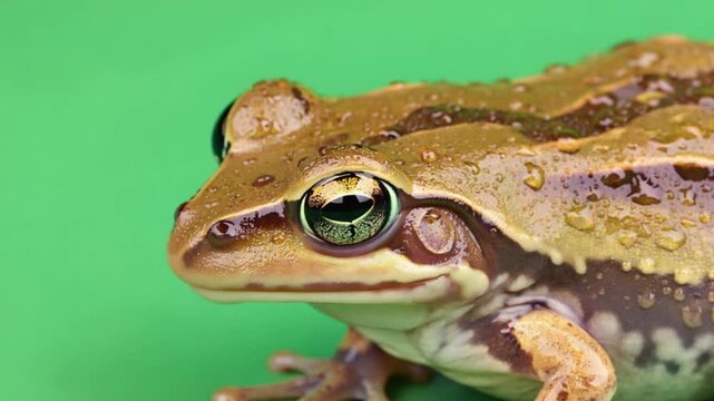 close-up of brown frog on green background
