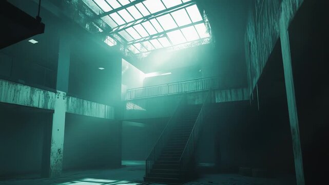 Vast empty building hall with stairs and balcony, illuminated by strong light rays coming through the broken glass roof, creating a dramatic and eerie atmosphere