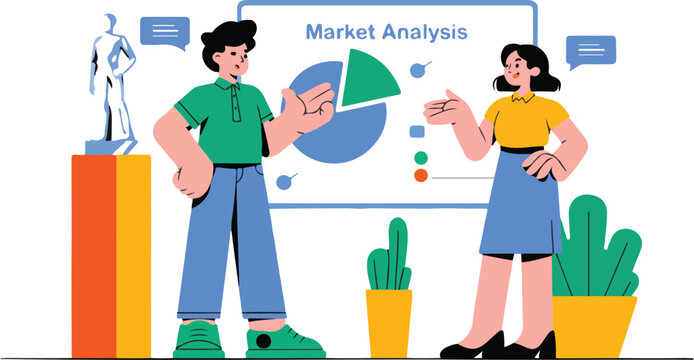 Business professional man and woman analyzing market data with pie chart and bar graph for corporate growth and strategy flat vector illustration.