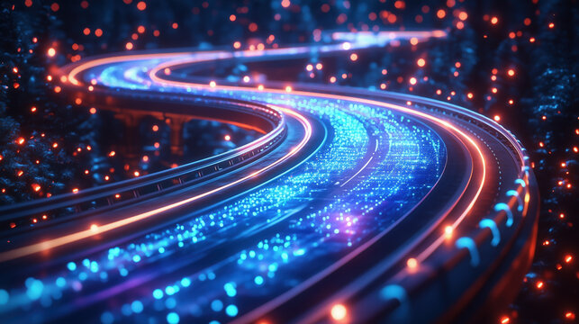 modern highway curve with digital hologram location symbols, technology driven strategy concept, futuristic business mood