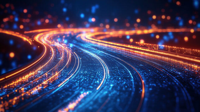 modern highway curve with digital hologram location symbols, technology driven strategy concept, futuristic business mood