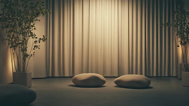 Minimalist room featuring rock like floor cushions, lush potted plants, and light colored curtains for a calming atmosphere perfect for meditation, relaxation, and wellness