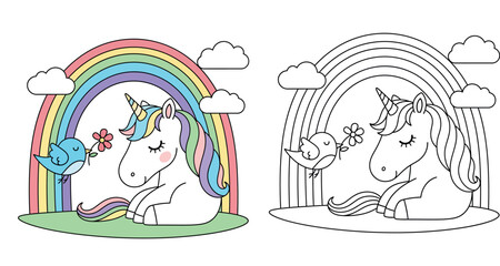Fototapeta premium Cute cartoon unicorn sitting under rainbow with blue bird holding flower, fantasy vector illustration