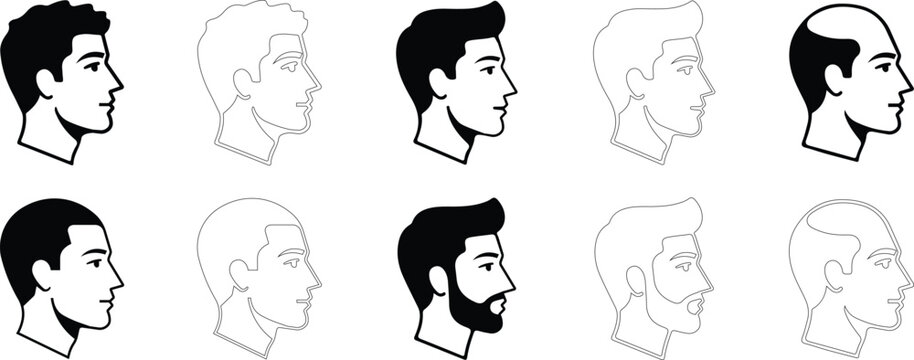Male profile head set featuring various hair styles and beard options presented in solid black silhouettes and thin line art icons for barber shop branding designs