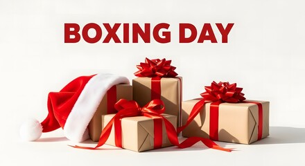 A festive holiday scene with gifts and a Santa hat on Boxing Day