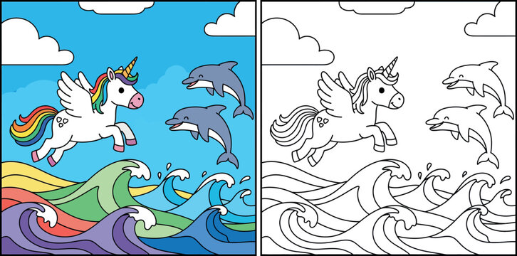 Magical winged unicorn flying with dolphins over rainbow ocean waves, cute fantasy vector illustration