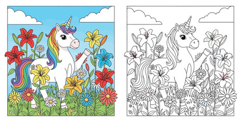 Beautiful white unicorn with rainbow mane standing in colorful flower garden, magical fantasy vector © MstSangita