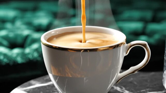 Orange liquid pouring into elegant cup on marble table