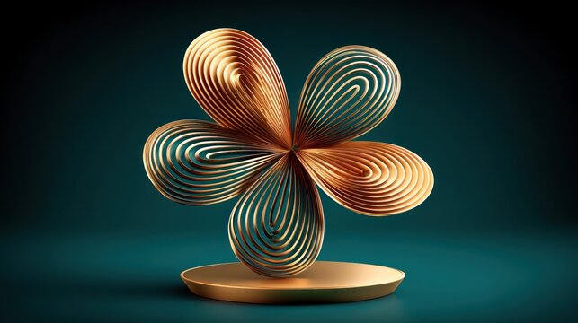 Clover-like layered sculpture with copper and teal ribbons on a gold pedestal