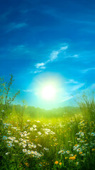Obraz premium Sunrise lighting a green meadow of wildflowers, vivid colors beneath clear blue sky