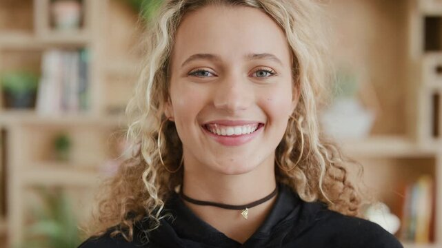 Creative, face and woman with smile in office for journalism internship, job experience and pride. Journalist, intern and happy at publishing agency for news reporting, career growth and about us
