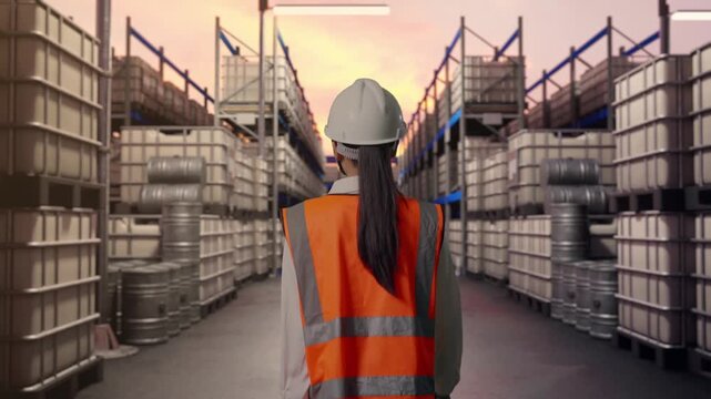 Back of Asian Female Engineer Walking at Warehouse with Stacked Chemical IBC Containers and Barrels at Sunset
