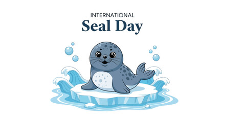 A cartoon seal sitting on melting ice with water splashes, celebrating International Seal Day with a friendly expression, in a colorful illustration with a conservation awareness theme. © Mukhamad
