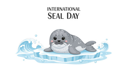 Vector illustration of a cute seal on a floating ice with water splashes, celebrating International Seal Day with a design promoting seal conservation awareness. © Mukhamad