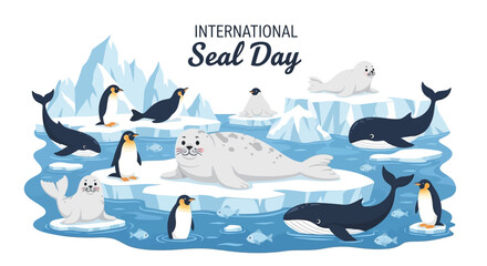 Illustration of various seal species on icebergs and in water for International Seal Day, promoting marine mammal conservation awareness with a cool, calming mood. © Mukhamad