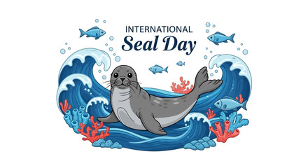 Vector illustration of a seal surrounded by ocean waves and coral for International Seal Day, promoting marine mammal conservation awareness with a colorful design. © Mukhamad