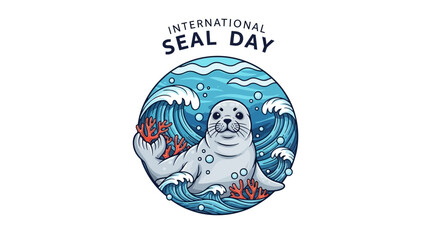 Vector illustration of a seal swimming in waves with fish, celebrating International Seal Day for marine mammal conservation awareness. © Mukhamad