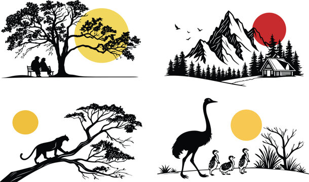 A serene nature collage featuring trees mountains and wildlife under vibrant suns