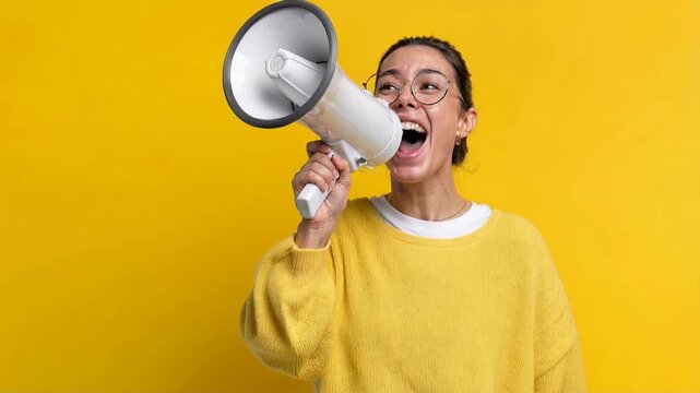 Young woman shouting passionately through megaphone on bright yellow background demonstrating confidence initiative and dynamic communication skills