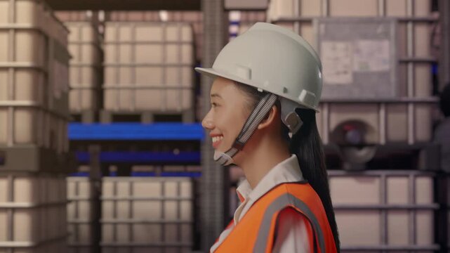 Side View of Asian Female Engineer Walking at Warehouse with Stacked Chemical IBC Containers and Barrels at Sunset