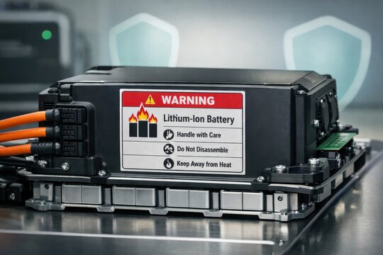 Automotive lithium ion battery system with warning label and power cables, showing engineered protection for electric mobility and high voltage applications.