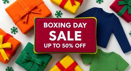 A colorful advertisement for a Boxing Day sale with gifts and clothes