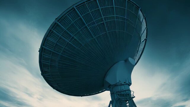 Large radio telescope dish receiving and transmitting data from space, symbolizing global connection, advanced technology, and scientific exploration under a dynamic sky