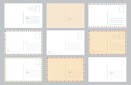 Set of old Empty back of postcard for travel, Airmail. Vector vintage template for design, card illustration
