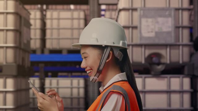 Side View of Asian Female Engineer Use Smartphone While Walking at Warehouse with Stacked Chemical IBC Containers and Barrels at Sunset