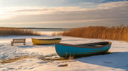 Obraz premium A serene winter scene with two boats and a bench on a frozen lake surrounded by tall reeds and snow under a cloudy sky with sunshine.