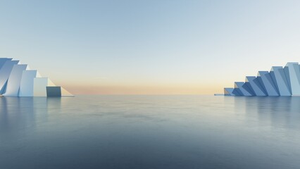 Plakat Abstract architecture background, Titanium Twisted Geometric Building, Glass or metallic Building is on empty concrete floor, Scene for car presentation, Modern Exterior, 3D rendering