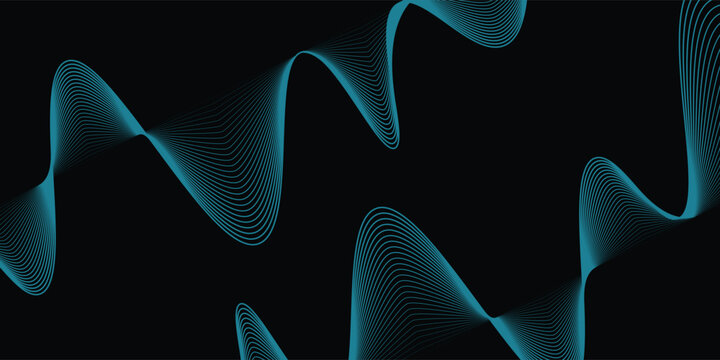 Garis bergelombang biru abstrak dari gelombang suara. Gelombang berdenyut gradien dinamis. Konsep konsep musik neon, simbol frekuensi musik digital. Ilustrasi vektor di latar belakang hitam