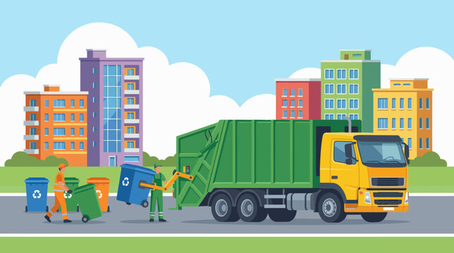 This illustrative scene portrays a garbage truck collecting bins in an urban setting, highlighting the importance of waste management and community cleanliness.
