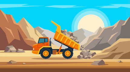 A bright and colorful dump truck is seen hauling rocks through a scenic desert landscape, showcasing its functionality and the beauty of construction vehicles in nature. © Yu
