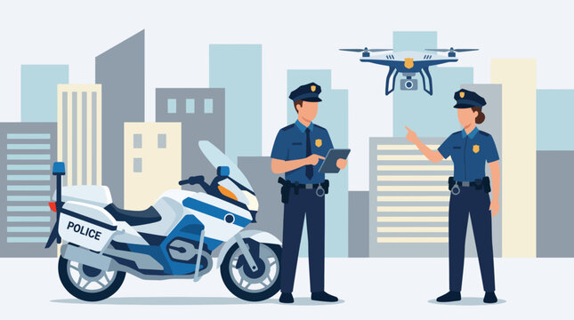 Two police officers are depicted working with a drone and a motorcycle in an urban environment, highlighting the integration of technology in modern law enforcement practices.