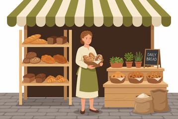 A friendly woman in an apron stands at a bakery stall, showcasing an array of freshly baked bread, inviting customers into a warm and welcoming atmosphere. © Yu