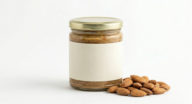 A jar of almond butter on a pure white background, soft diffused lighting, subtle shadow beneath the jar, clean label facing forward, high-end minimalist aesthetic, editorial product photography