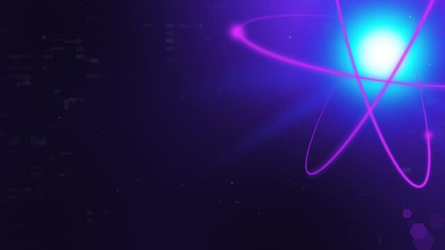 4K Purple Tech Quantum Core Header. Neon Magenta Atomic Nucleus with Glowing Orbits and Left-Aligned Copy Space.
