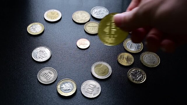 Hand placing bitcoin coins among fiat coins representing digital currency adoption